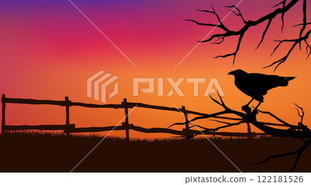 vector halloween background of spooky black raven bird, bare tree branches and wooden fence vector halloween background of spooky black raven bird, bare tree branches and wooden fence 122181526
