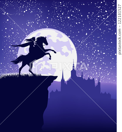 fantasy princess and horse on starry night with full moon and castle vector silhouette fantasy princess and horse on starry night with full moon and castle vector silhouette 122181527