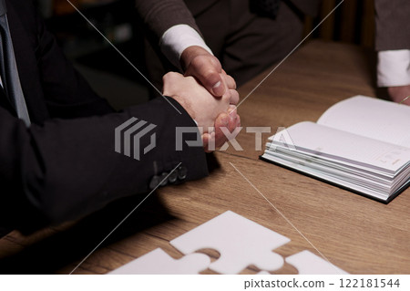 Male CEO or boss assemble brain puzzler, make decision or solve issue. Brainstorm concept. 122181544