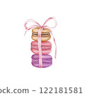 Watercolor set macaroons decorated isolated on white background . hand drawn illustration of popular crunchy dessert for cafe decoration . valentines  122181581