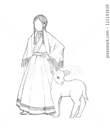 Woman in national costume and lamb Woman in national costume and lamb 122181639