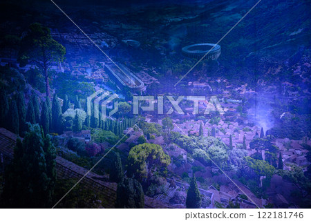 Panorama image composition showing the ancient city of Pergamon on the west coast of Asia Minor, by artist Yadegar Asisi in Berlin, Germany 122181746
