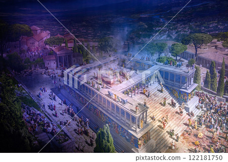 Panorama image composition showing the ancient city of Pergamon on the west coast of Asia Minor, by artist Yadegar Asisi in Berlin, Germany Panorama image composition showing the ancient city of Pergamon on the west coast of Asia Minor, by artist Yadegar Asisi in Berlin, Germany 122181750