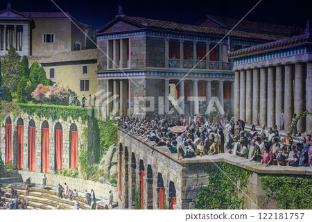 Panorama image composition showing the ancient city of Pergamon on the west coast of Asia Minor, by artist Yadegar Asisi in Berlin, Germany Panorama image composition showing the ancient city of Pergamon on the west coast of Asia Minor, by artist Yadegar Asisi in Berlin, Germany 122181757
