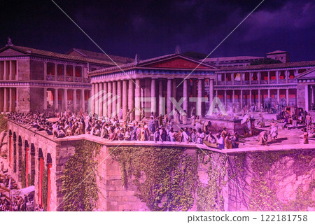 Panorama image composition showing the ancient city of Pergamon on the west coast of Asia Minor, by artist Yadegar Asisi in Berlin, Germany 122181758