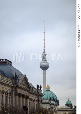 Berliner Fernsehturm, Berlin TV tower, tallest structure in Germany and iconic landmark on Alexanderplatz in Berlin, Germany 122181767