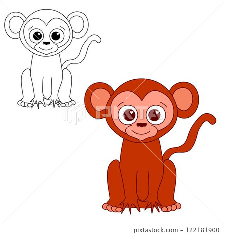 Cute monkey graphic line vector character, colored and black and white. isolated on transparent background mascot 122181900