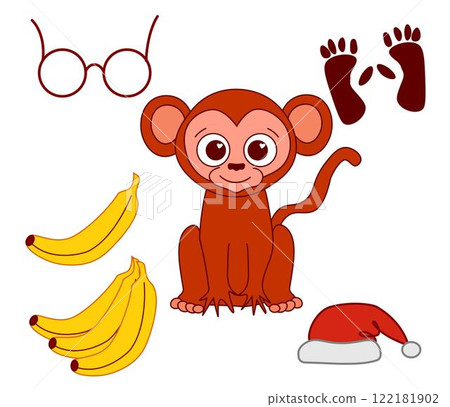 Cute monkey character with accessories set bananas, glasses, footprint, santa hat. Graphic line vector illustration isolated on transparent background 122181902