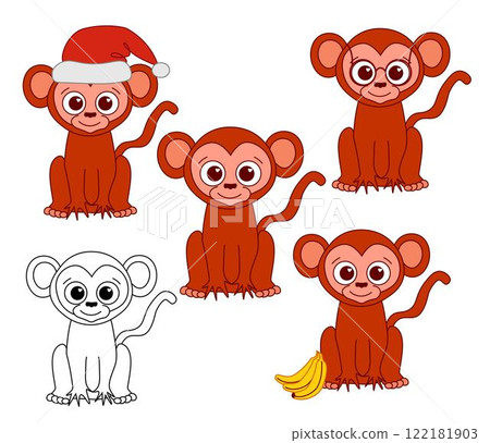 Vector set with cute monkey with different accessories. Vector animal collection in cartoon graphic line style. China new year 122181903