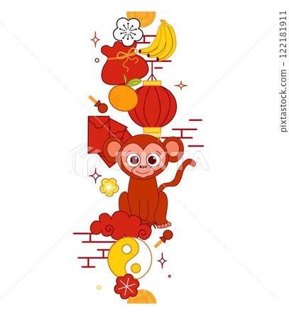 Traditional China new year elements seamless vertical border/ 2028 year of monkey Isolated. Graphic line Vector Illustration. Lunar New Year Decorative Banner. Chinese New Year Elements Set 122181911