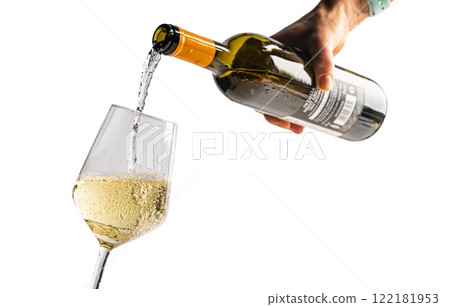 Detail of man hand pouring white wine in a glass 122181953