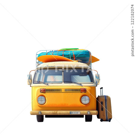 Vintage Van Parked by Tropical Beach with Surfboard Vintage Van Parked by Tropical Beach with Surfboard 122182074