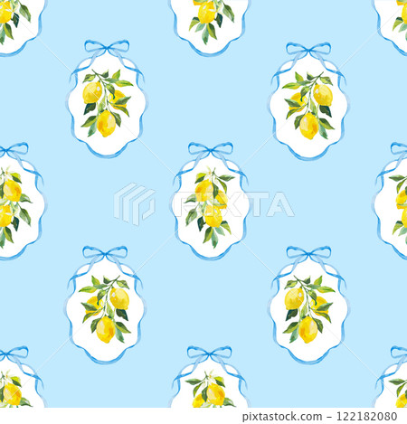 Beautiful vector seamless checkered pattern with bows and lemons. Composition with vintage bows and handmade ribbons. Blue ribbon on a light blue background. Beautiful vector seamless checkered pattern with bows and lemons. Composition with vintage bows and handmade ribbons. Blue ribbon on a light blue background. 122182080