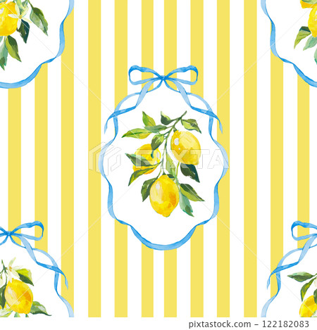 Beautiful vector seamless checkered pattern with bows and lemons. Composition with vintage bows and handmade ribbons. Blue ribbon on a yellow striped background. 122182083
