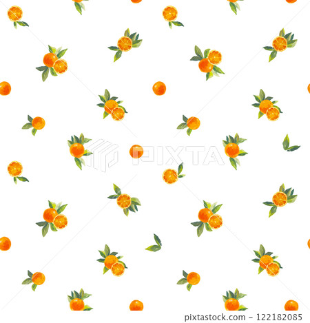 Beautiful vector seamless pattern with watercolor fresh oranges with leaves and flowers in sunny Mediterranean style. Ready summer print design for wallpapers, wrappings, textile. 122182085