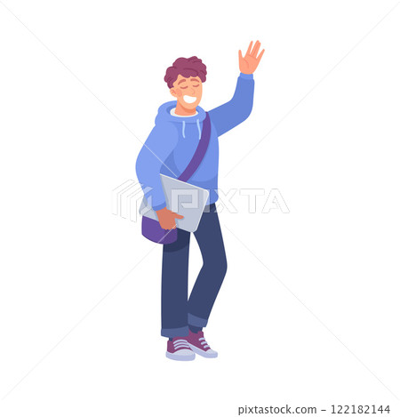 Man Student Character with Tablet Stand Waving Hand Vector Illustration 122182144