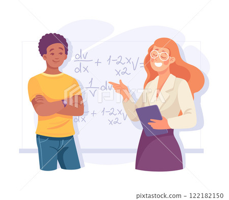 Man Student Character at Blackboard with Woman Teacher at Lesson Vector Illustration Man Student Character at Blackboard with Woman Teacher at Lesson Vector Illustration 122182150