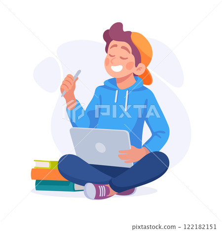 Man Student Character with Book and Laptop Learn Lesson Vector Illustration 122182151