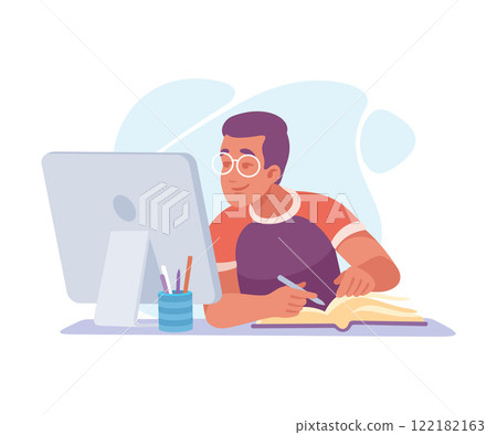 Man Student Character with Book at Computer Screen Learn Lesson Vector Illustration 122182163