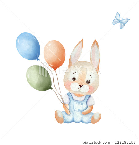 Bunny with balloons. Elements of invitations for baby shower, birthday party. Watercolor set with cute animal, hand drawn, isolated on white background. For invitations, cards, textiles, design. Bunny with balloons. Elements of invitations for baby shower, birthday party. Watercolor set with cute animal, hand drawn, isolated on white background. For invitations, cards, textiles, design. 122182195