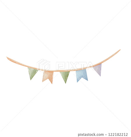 Garland. Watercolor, colorful party garland with triangular and rectangular flags. Multicolored. Hand drawn, isolated on a white background. For holiday decorations, designs, greeting cards. 122182212