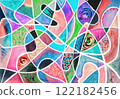 watercolor graphic lines and spots of paint of pink, blue, violet color with white lines 122182456