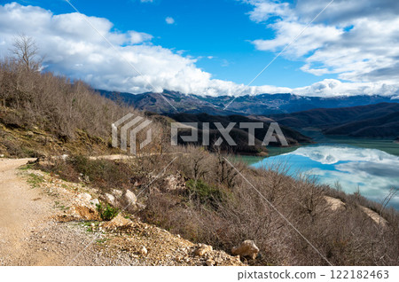High angle view over the Gamti Mountain and Bovilla lake in Albania High angle view over the Gamti Mountain and Bovilla lake in Albania 122182463