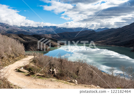 High angle view over the Gamti Mountain and Bovilla lake in Albania High angle view over the Gamti Mountain and Bovilla lake in Albania 122182464