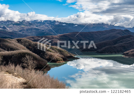 High angle view over the Gamti Mountain and Bovilla lake in Albania High angle view over the Gamti Mountain and Bovilla lake in Albania 122182465