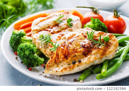 Healthy diet lunch with grilled chicken breast fillet and tomatoes with broccoli.AI Generative. 122182566