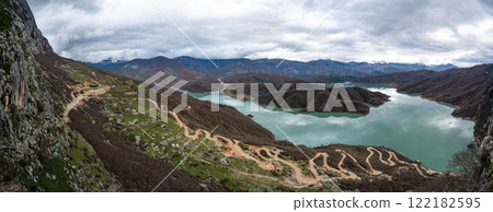 Scenic view over the Gamti mountains and Bovilla lake, Albania Scenic view over the Gamti mountains and Bovilla lake, Albania 122182595