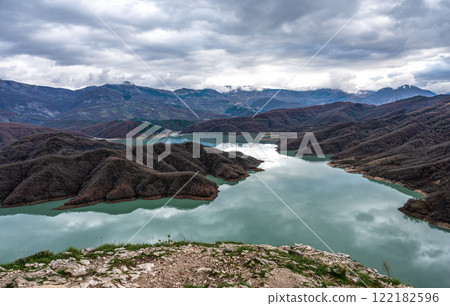 Scenic view over the Gamti mountains and Bovilla lake, Albania Scenic view over the Gamti mountains and Bovilla lake, Albania 122182596