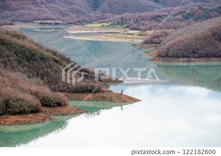 Scenic view over the Gamti mountains and Bovilla lake, Albania Scenic view over the Gamti mountains and Bovilla lake, Albania 122182600