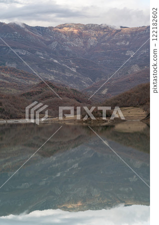 Mountain reflections in the Boivlla lake, Albania Mountain reflections in the Boivlla lake, Albania 122182602