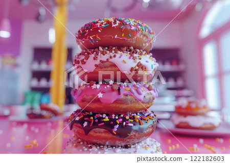 Colorful glazed sweet donuts stack with various toppings and sprinkles and chocolate.AI Generative. Colorful glazed sweet donuts stack with various toppings and sprinkles and chocolate.AI Generative. 122182603