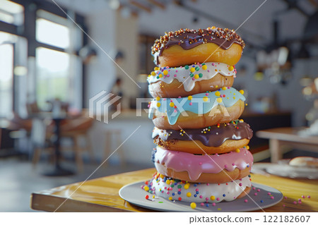 Assorted glazed colorful donuts stack with various toppings on cafe table background.AI Generative. 122182607