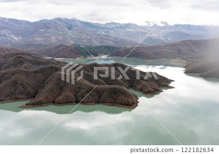 Scenic view over the Gamti mountains and Bovilla lake, Albania Scenic view over the Gamti mountains and Bovilla lake, Albania 122182634