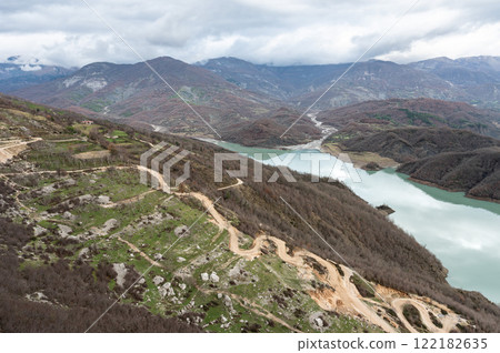 Scenic view over the Gamti mountains and Bovilla lake, Albania Scenic view over the Gamti mountains and Bovilla lake, Albania 122182635