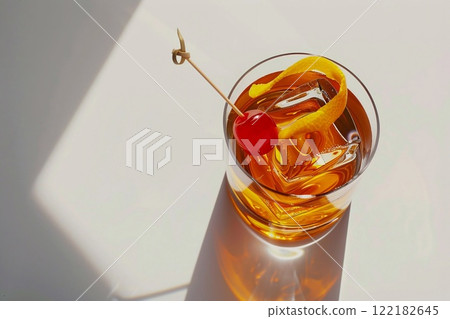 Old fashioned whiskey cocktail with cherry and orange peel on sunny beige.Top view.AI Generative. 122182645