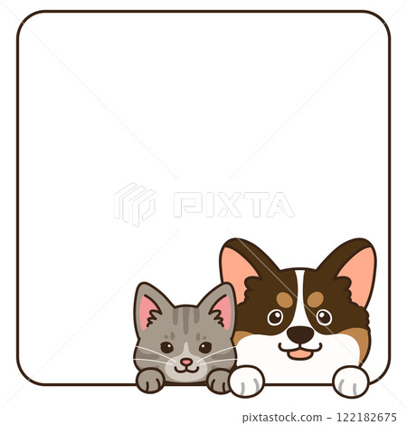 A simple and cute Corgi and tabby cat coming out of a square frame A simple and cute Corgi and tabby cat coming out of a square frame 122182675