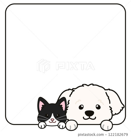 Simple and cute Maltese and Hachiware cats coming out of a square frame Simple and cute Maltese and Hachiware cats coming out of a square frame 122182679