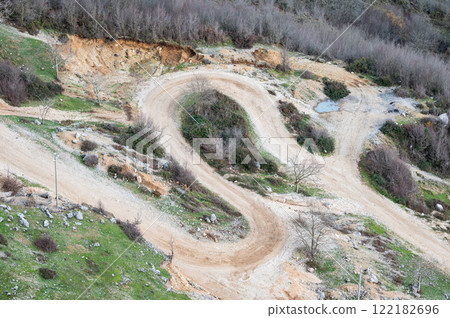 Swirling gravel road at the Gamti mountain near Bovilla lake, Albania Swirling gravel road at the Gamti mountain near Bovilla lake, Albania 122182696