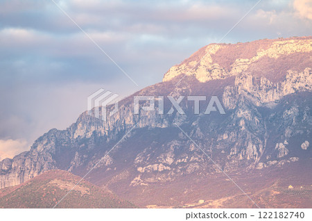 High angle view over the mountains around Tirana, Albania High angle view over the mountains around Tirana, Albania 122182740