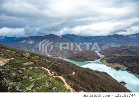 High angle view over the Gamti Mountain and Bovilla lake in Albania 122182744