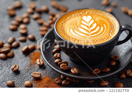 Black cup with hot fresh cappuccino coffee with art on top on black table.Macro.AI Generative. 122182759
