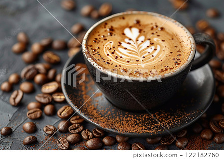 Black cup with hot fresh cappuccino coffee with art on top on black table.Macro.AI Generative. 122182760