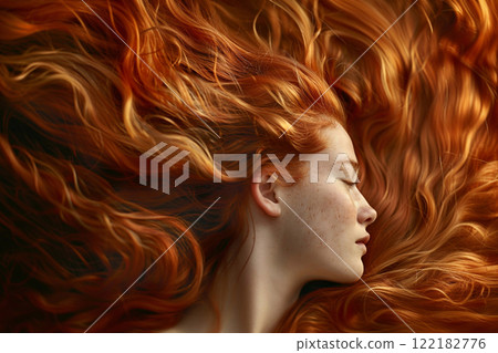 Gorgeous woman model with long ginger hair and freckles.Macro.AI Generative. 122182776