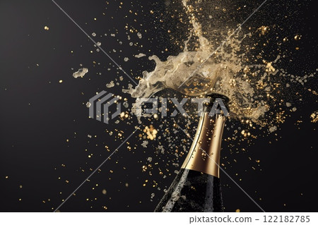 Champagne bottle foam explosion with bubbles on black background.Macro.AI Generative 122182785