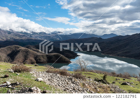 High angle view over the Gamti Mountain and Bovilla lake in Albania High angle view over the Gamti Mountain and Bovilla lake in Albania 122182791