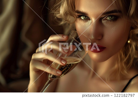 Gorgeous blond woman with champagne glass in her hand in restaurant party.Macro.AI Generative Gorgeous blond woman with champagne glass in her hand in restaurant party.Macro.AI Generative 122182797